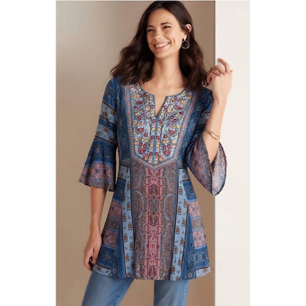 Soft Surroundings Fifi Tunic Top M Blue Velvet Embroidered Boho Flare Sleeve Art